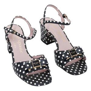 Kate Spade Bowdie Strappy Block Heel Sandal Black White Polka Dot US 6.5B EU 37
